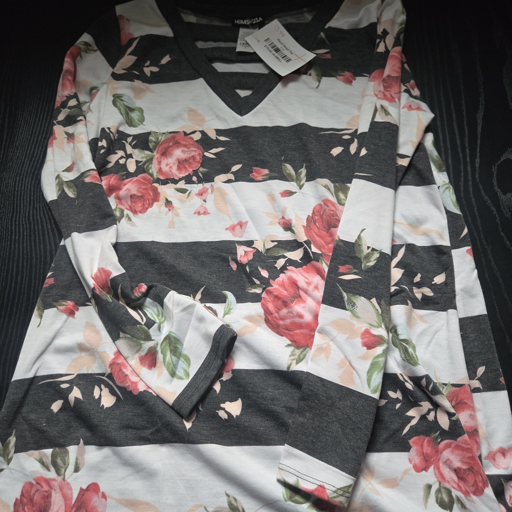 Women's Floral Striped Long Sleeve Top - Black, White, and Pink